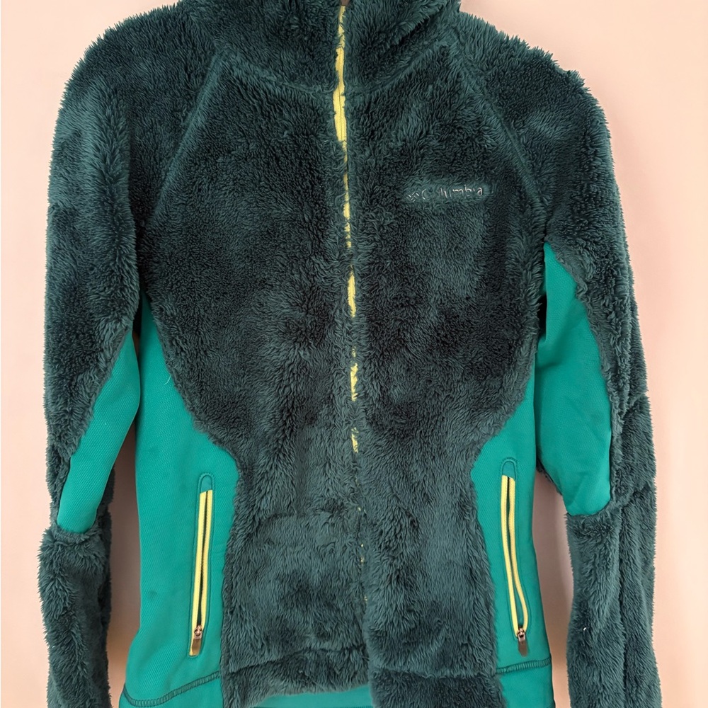 Columbia Sports Teal Fleece Jacket with Yellow Accents